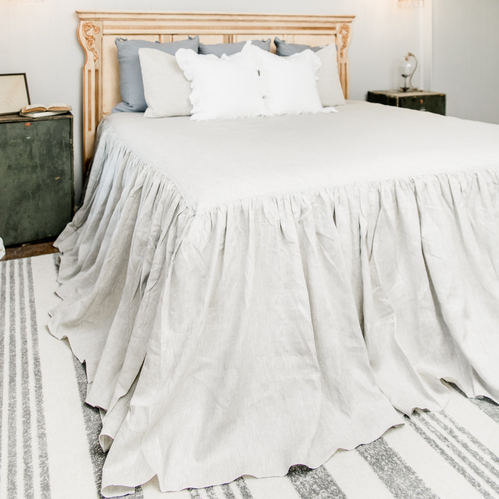 Iron and White Ticking Striped Linen Bed Skirt with Gathered Ruffle